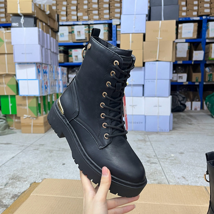 外贸原单女靴新款时尚百搭圆头厚底粗跟系带侧拉链时装短靴马丁靴