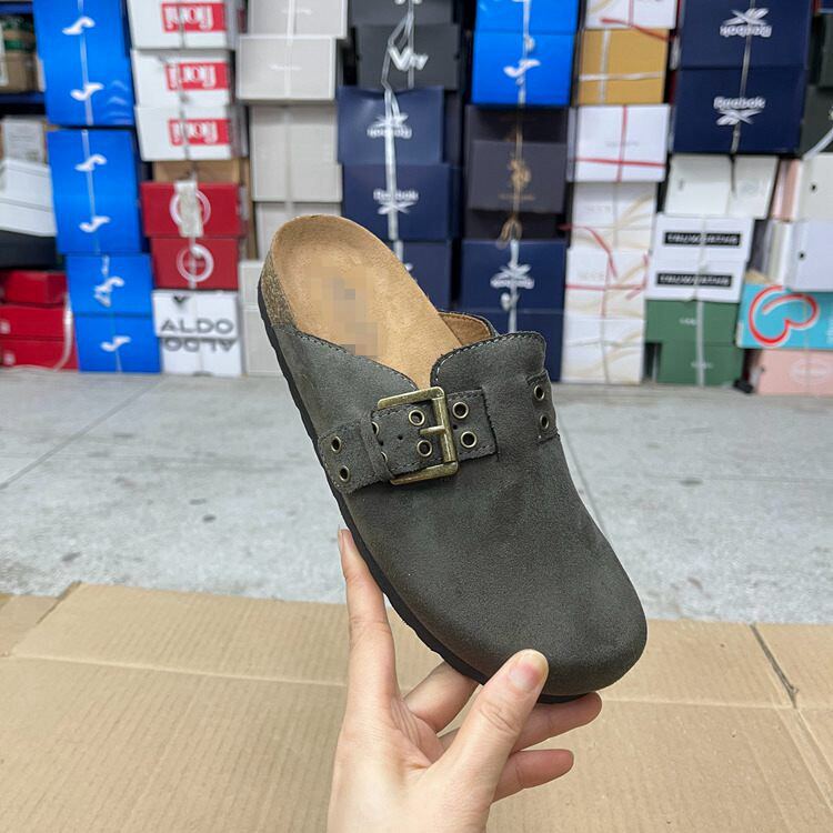 Lady Shoes外贸原单女鞋微瑕时尚圆头纯色皮带扣平底包头博肯半拖