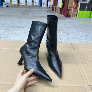 Lady Shoes外贸原单女靴新款时尚气质尖头纯色细跟时装短靴瘦瘦靴