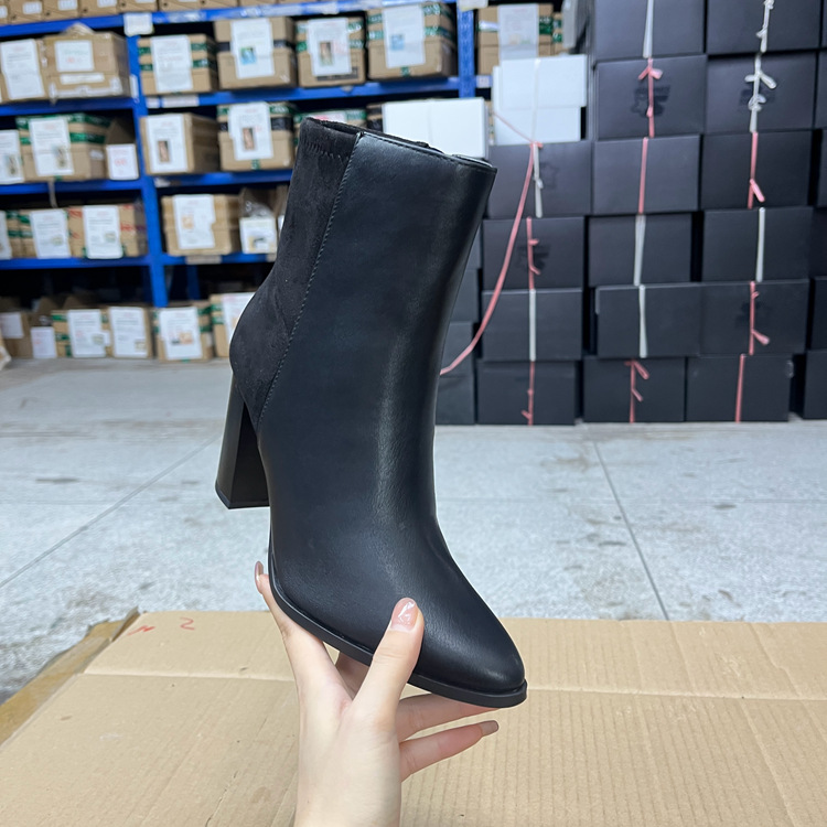 Lady Shoes外贸原单尖头粗跟短靴简约新款侧拉链舒适气质女款靴子