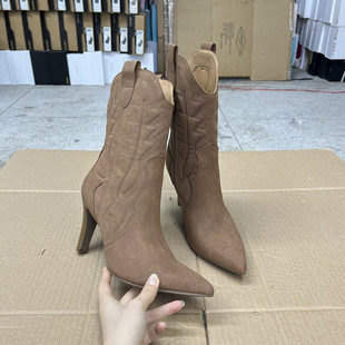西部靴 侧拉链短靴春秋款 外贸原单女靴新款 气质尖头纯色细高跟时尚