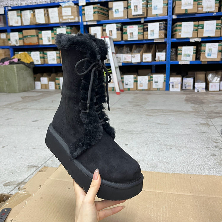 圆头厚底毛绒系带雪地靴马丁靴