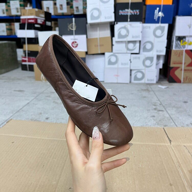 Lady Shoes外贸原单女鞋真皮新款时尚圆头纯色蝴蝶结浅口平底单鞋