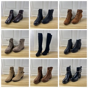 外贸原单女靴独码 37码 圆头纯色粗跟侧拉链通勤短靴 Shoes杂款 Lady