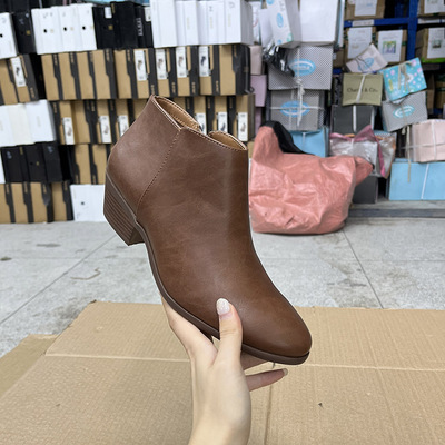 外贸原单欧美时尚切尔西尖头粗跟侧拉链高跟西部牛仔短靴女鞋