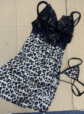 sexy sleepwear高级丝绸豹纹吊带蕾丝诱惑睡裙火辣开叉制服睡衣