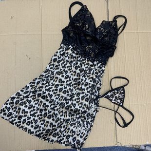 sexy sleepwear高级丝绸豹纹吊带蕾丝诱惑睡裙火辣开叉制服睡衣