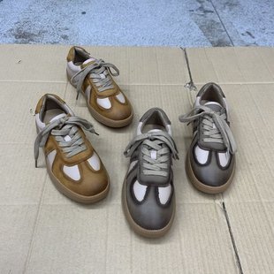 外贸出口潮流时尚圆头拼色德训女鞋里外全真皮超级百搭