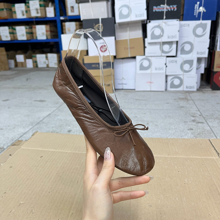 Lady Shoes外贸原单女鞋真皮微瑕新款圆头纯色蝴蝶结平底时装单鞋