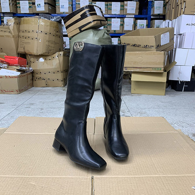 外贸原单时尚百搭欧美秋季方头粗跟中跟高跟侧拉链长靴女鞋骑士靴