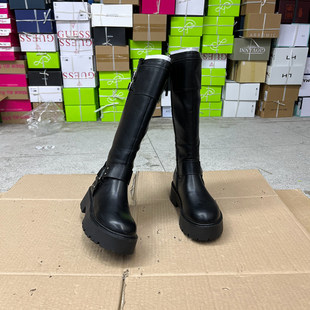 外贸原单女靴圆头纯色粗跟厚底侧拉链皮带扣时尚 靴 百搭长靴时装