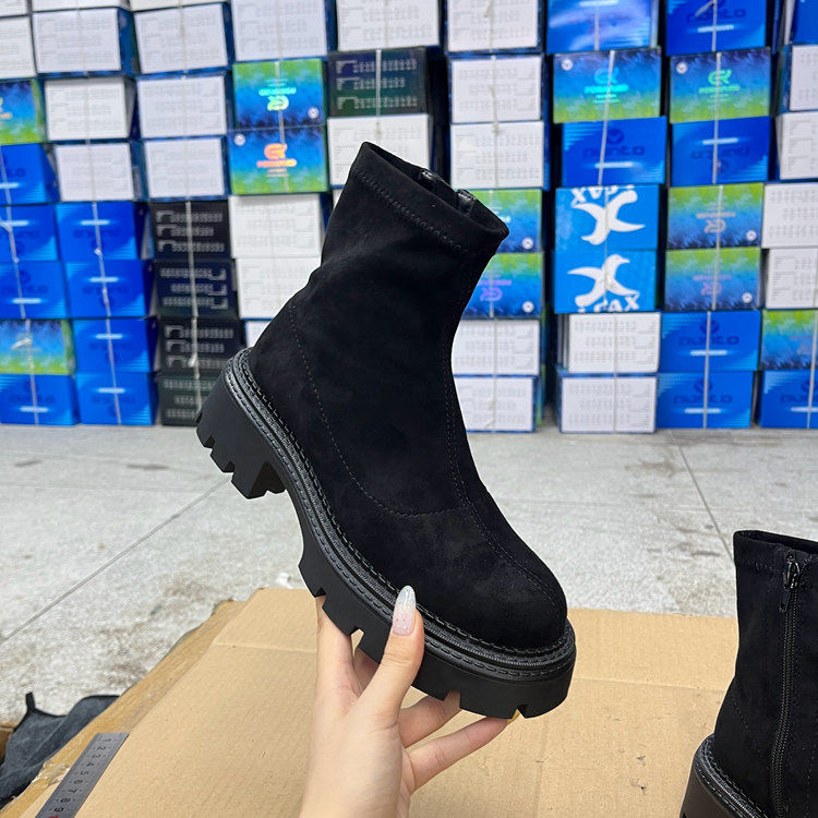 外贸出口女靴新款时尚圆头纯色厚底粗跟侧拉链时装短靴百搭烟筒靴