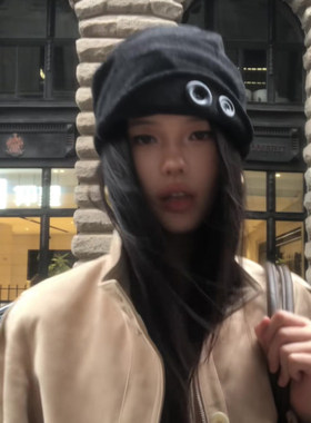 韩系辣妹风纽扣黑色冷帽女秋冬季