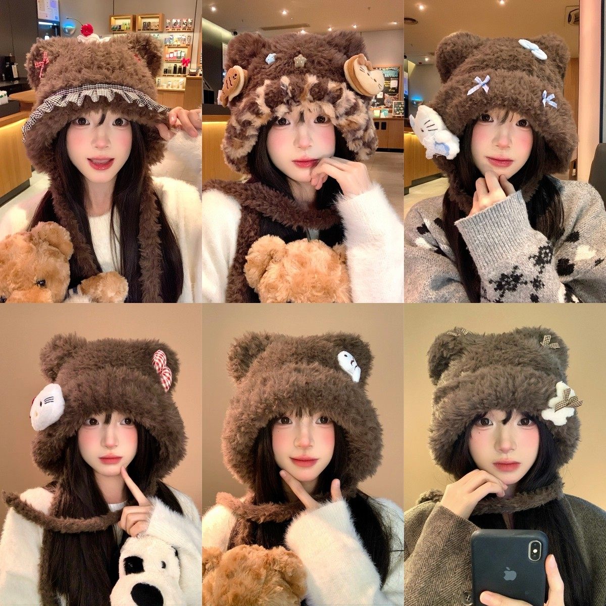 日系可爱立体小熊系列针织毛绒帽子女冬大头围加厚保暖防寒雷锋帽