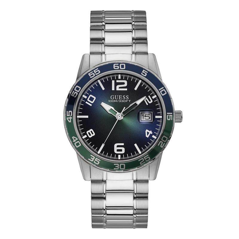 代购GUESS男士腕表日期夜光计时防水钢带金属银色商务日常手表
