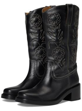 代购FRYE女士牛仔靴透气软底轻便防滑圆头粗跟侧拉环刺绣装饰