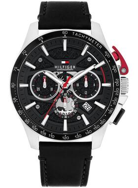 代购TOMMY HILFIGER男士腕表计时夜光日期测速皮带黑色钢壳44mm