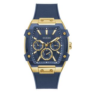 代购 GUESS女士腕表计时日期多时区夜光硅胶带金色矩形防水商务