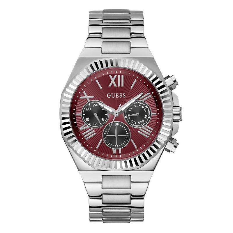 代购GUESS女士腕表计时日期夜光防水钢带金属银色红色商务运动