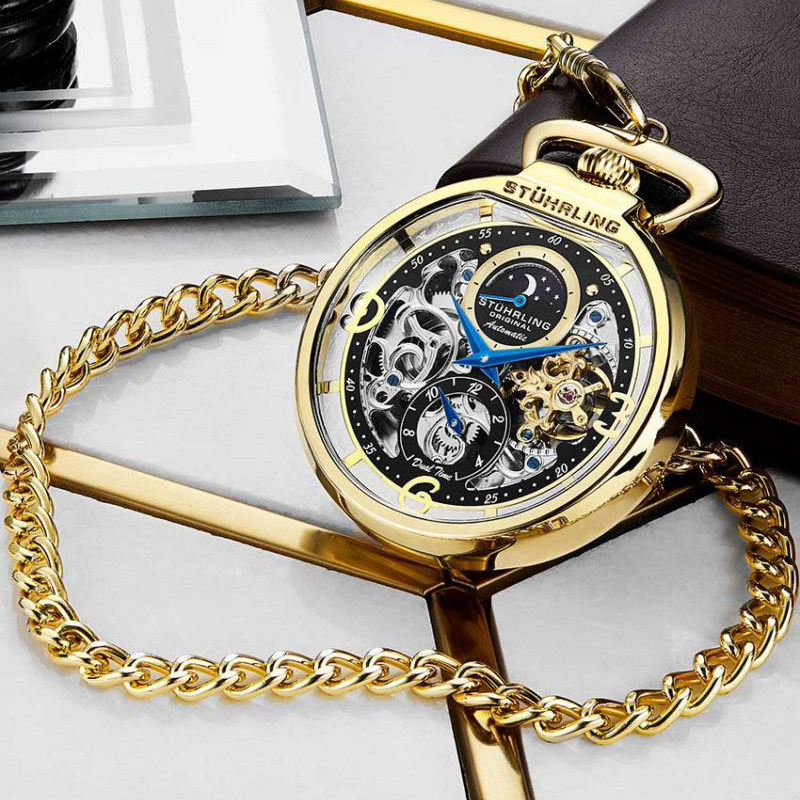 stuhrling 施图灵镂空精致复古日月星象金色自动械手表男女怀表