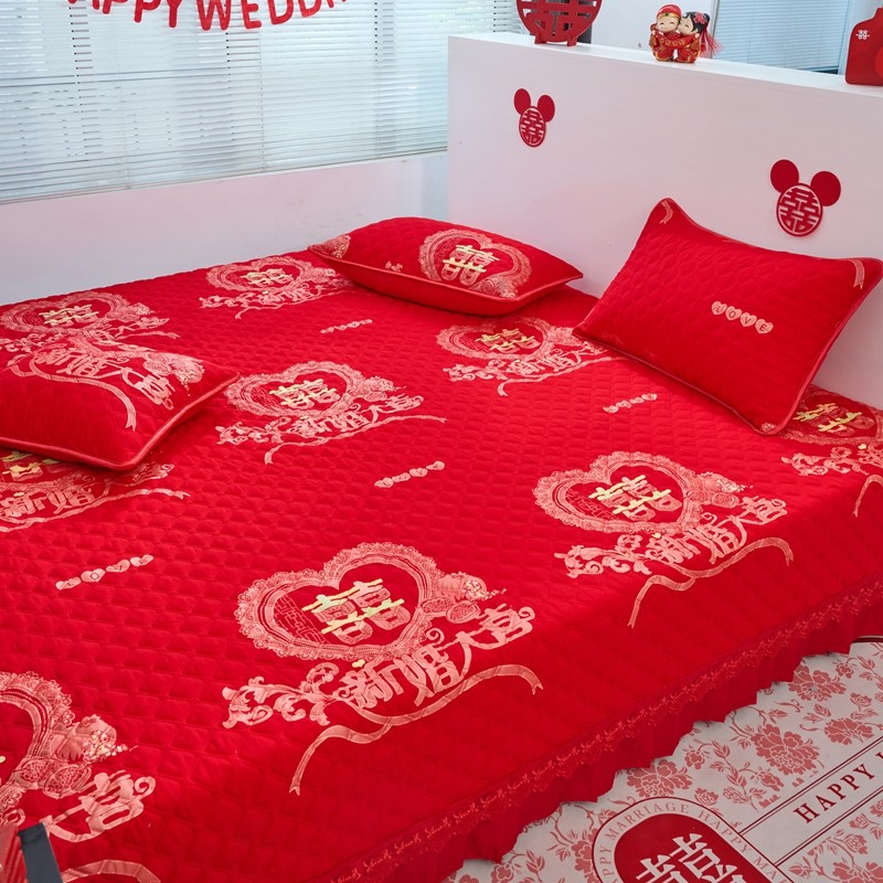 红色结婚婚庆榻榻米床盖纯棉喜庆喜字炕盖四季通用防滑炕单可定做