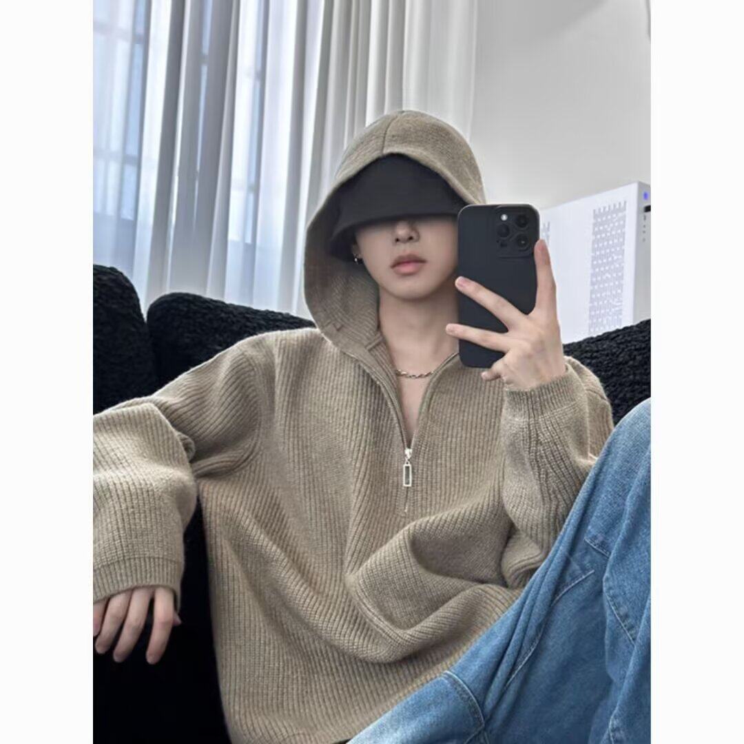 卡其色cleanfit针织连帽卫衣男秋冬半拉链打底衫慵懒风感毛衣