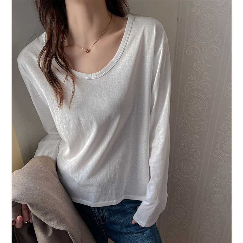 严选韩系宽松长袖t恤女早秋白色圆领正肩显瘦内搭外穿感上衣