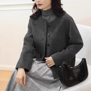 双面羊绒大衣短款灰色单排扣通勤气质女式毛呢外套小个子简约
