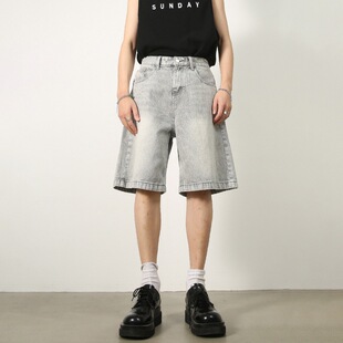 新款 百搭热裤 美式 男宽松直筒五分裤 潮牌 复古做旧蓝色牛仔中裤 夏季