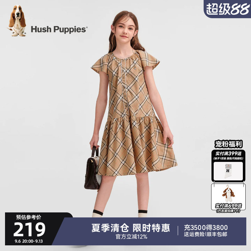 暇步士童装女童连衣裙26夏新款大童圆领格纹裙子儿童优雅风公主裙
