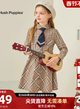 暇步士童装女童连衣裙春秋新款中大童学院风长袖裙儿童气质格纹裙