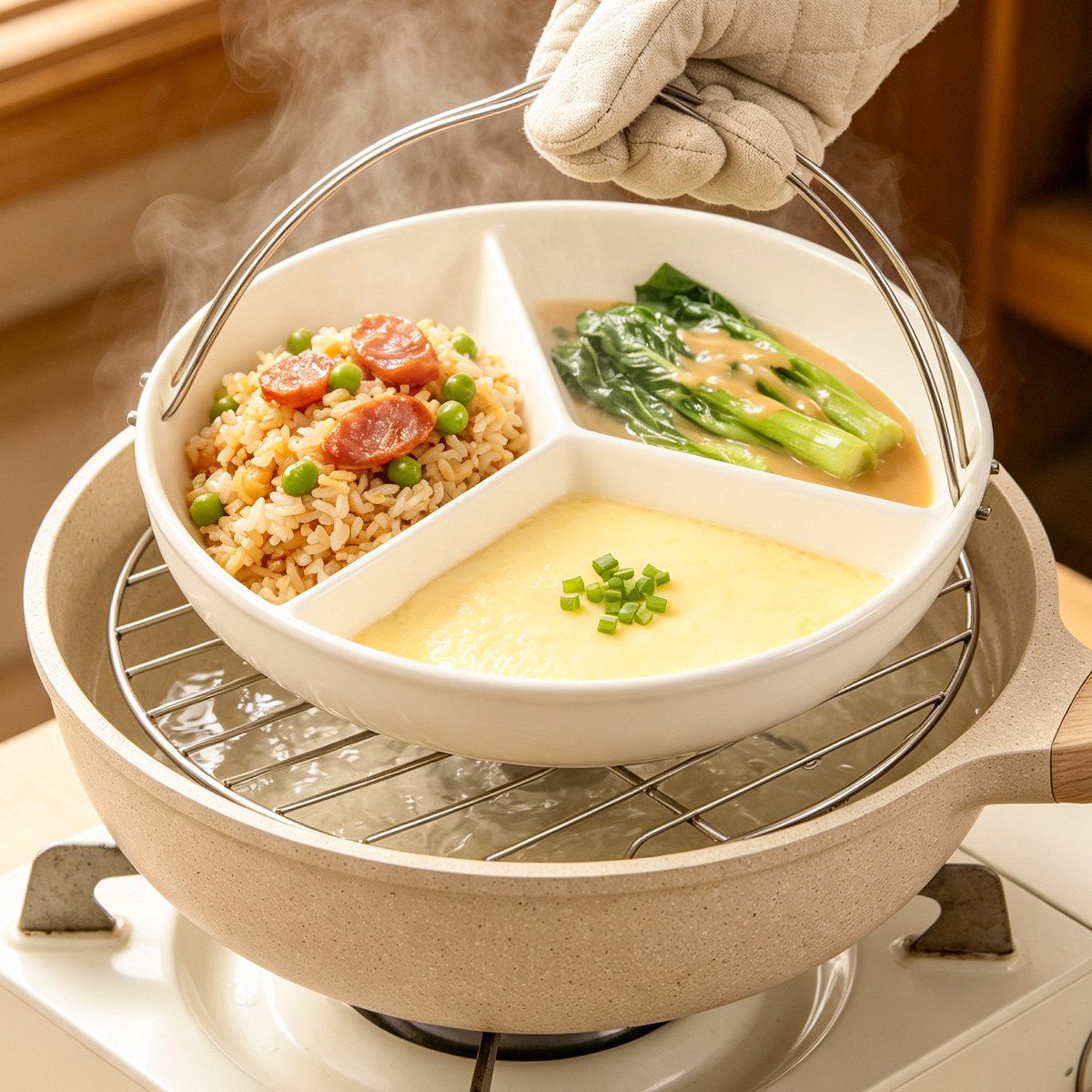 带提手家用三分格陶瓷蒸盘餐盘图片