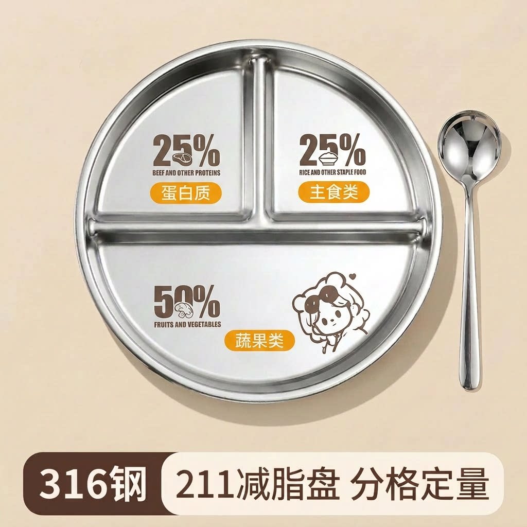 211减脂餐盘分格大人减肥专用316不锈钢圆形分餐盘家用高级感盘子