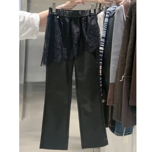 2025年秋冬新款蕾丝拼接微喇叭涂层皮裤女时尚宽松百搭显瘦九分裤