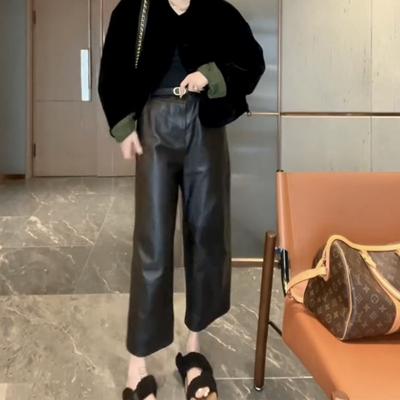 欧货2025秋冬新款PU皮阔腿裤女宽松显瘦百搭休闲直筒裤洋气九分裤