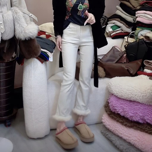 直筒裤 脚松紧腰弹力显瘦微喇叭裤 潮 女毛毛裤 欧货秋冬加绒涂层皮裤