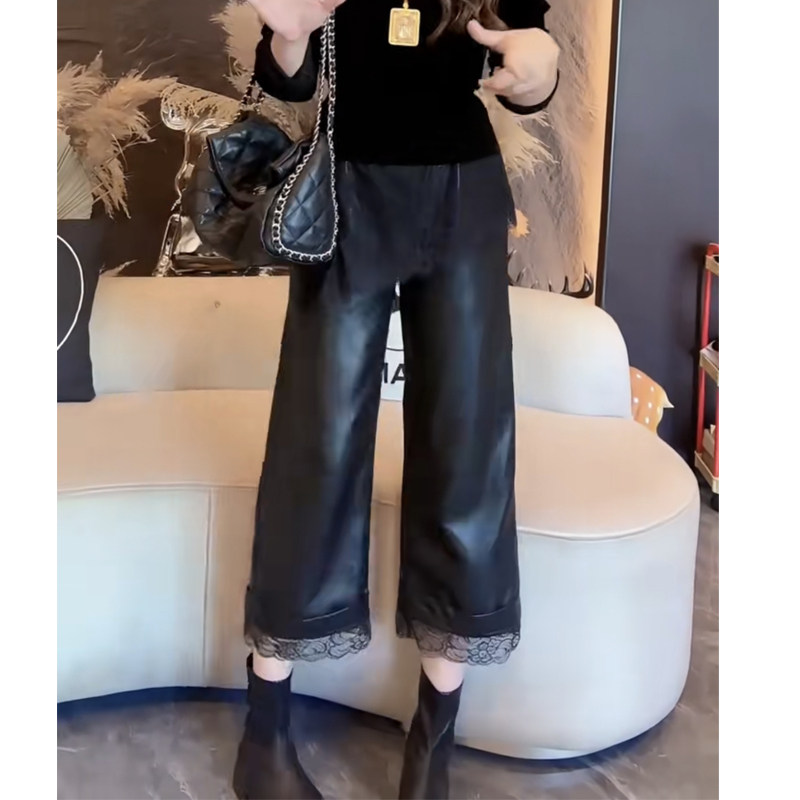 2025年秋冬新款蕾丝花边围裙pu皮阔腿裤女宽松显瘦休闲花边九分裤