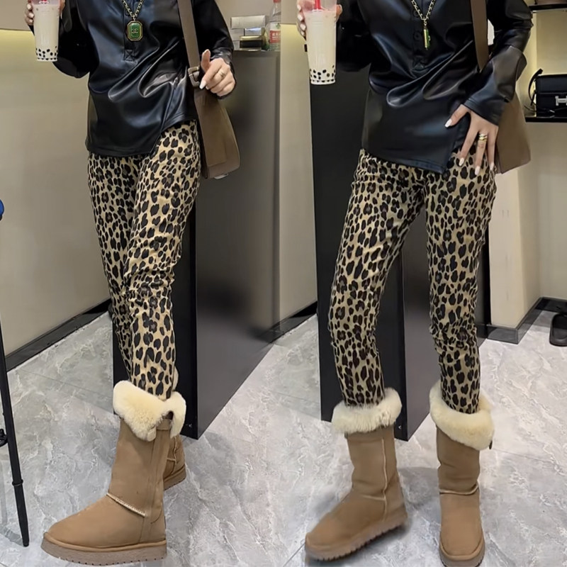 豹纹牛仔铅笔裤女松紧腰秋冬弹力百搭时尚九分裤欧货时尚小脚裤潮