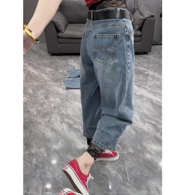 街头刺绣休闲哈伦牛仔遮肉九分裤