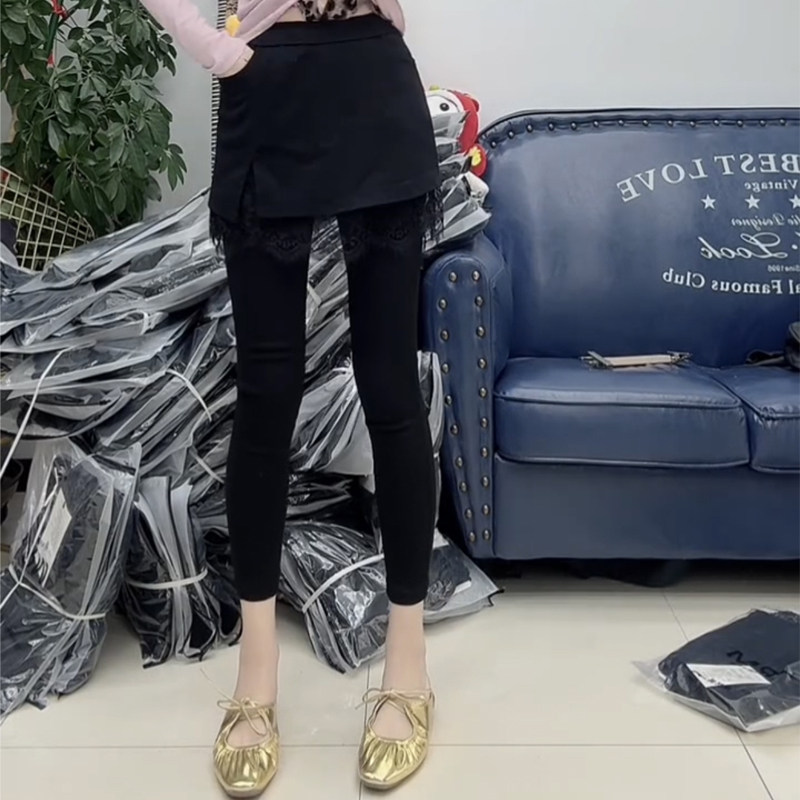 2026春季新款假两件蕾丝边围裙裤女松紧腰弹力显瘦百搭休闲九分裤