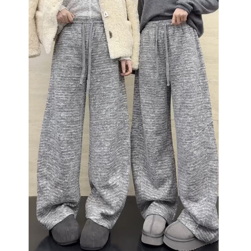 欧货秋冬新款慵懒风松紧腰条纹阔腿裤女灰色垂感宽松休闲直筒长裤