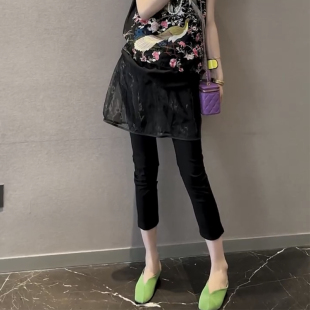 新款 拼纱围裙裤 打底裤 弹力显瘦小脚裤 裙假两件薄料纸皮裤 欧货夏季