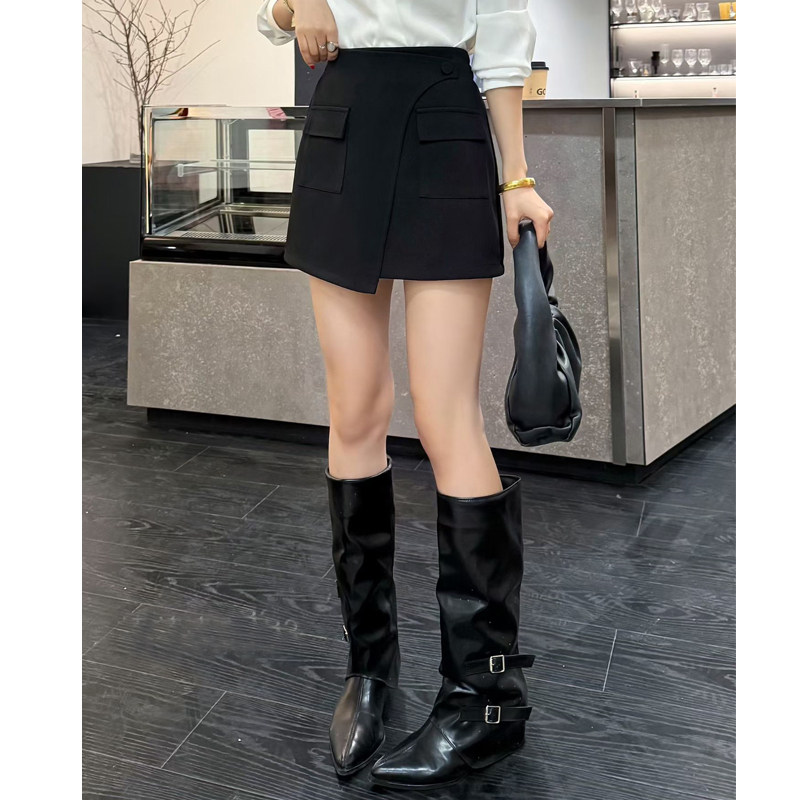欧货春秋新款酷黑极简风高腰A字半身裙小个子百搭不规则短裙半裙