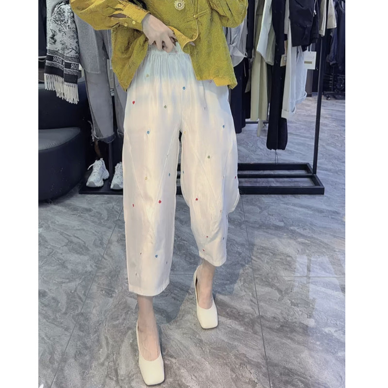 欧货春夏彩色桃心刺绣哈伦裤女高腰宽松显瘦九分休闲裤慵懒风裤子