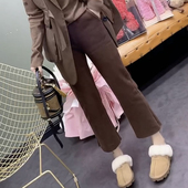 潮 棉线圈咖色七分裤 欧货纯棉微喇叭裤 子女松紧腰宽松显瘦百搭卫裤