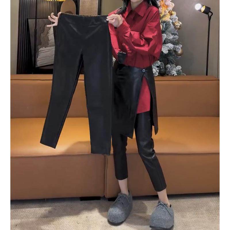 2025年春季新款修身显瘦pu皮裤女松紧一体腰铅笔裤小脚休闲九分裤