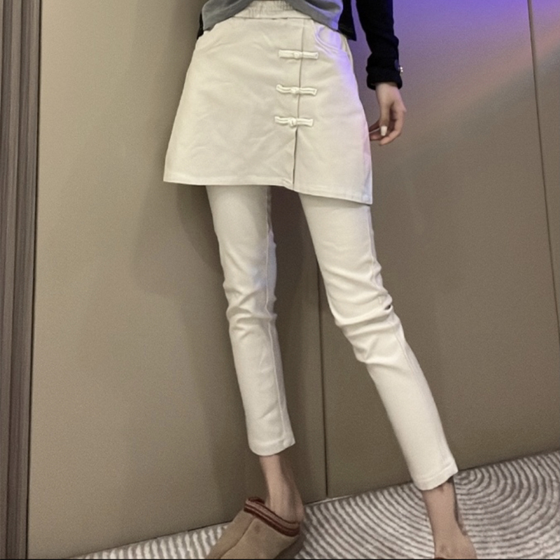 欧货秋冬新款盘扣围裙涂层裤女松紧腰名国风时尚九分假两件休闲裤