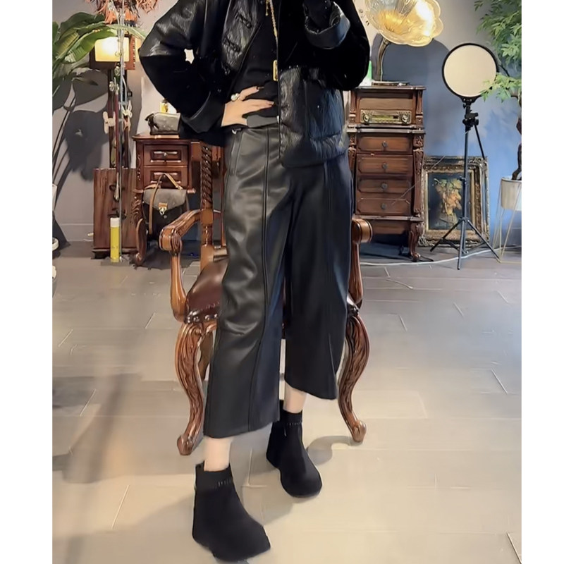 欧货黑色PU皮阔腿裤女2025年秋冬宽松百搭竖线显瘦洋气九分直筒裤