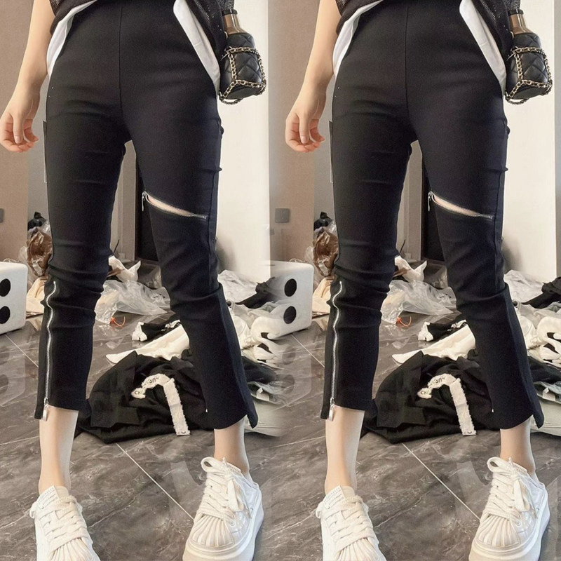 欧货新款黑色拉链面膜裤子女弹力高腰显瘦打底裤小个子九分纸皮裤,女装/女士精品,休闲裤,淘宝优惠券,粉丝福利购,淘宝优惠卷