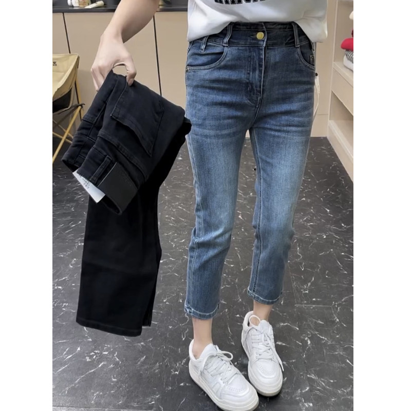 欧货春秋新款水洗九分直筒牛仔裤女显瘦修身弹力烟管裤打底铅笔裤